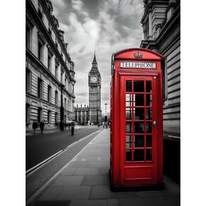 Black and White & Red Red Telephone Booth and Big Ben in London Street (3) 5D Adult Diamond Art,DIY Diamond Art Painting Kit for Decor Canvas 11.7x15.7inch/30x40cm