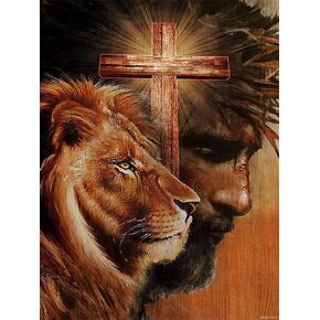 Upablunso Diamond Painting Christian Jesus Cross Lion of Judha Kit للبالغين ، فني الماس الكامل.