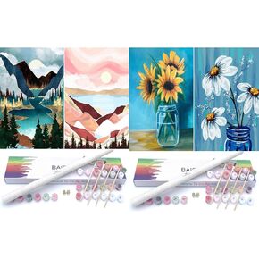 Baisite 4 Pack Paint by Numbers مجموعة للمبتدئين البالغين ، 12 "WX16 L Canvas صور رسم الطلاء مع 16 قطعة من الفرشاة الخشبية ، صبغة أكريليك في صندوق الهدايا والمناظر الطبيعية والزهور