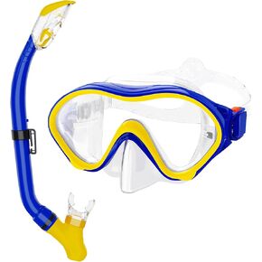 Snorkeling Gear for Kids with Foldable Silicone Full Dry Snorkel, Kids Snorkel Set Anti Leak Youth Junior Snorkeling Package Diving Mask Soft Tube with Mesh Bag Scuba Swimming Goggles