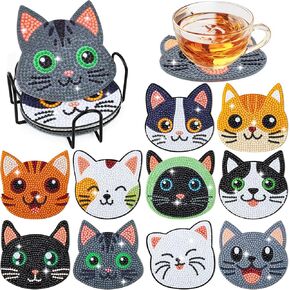 10 Pcs Cats Face Diamond Art Coasters with Holder Diamond Art Painting Coasters Kits Art DIY Diamond Coasters Crafts for Adults Kids Beginners