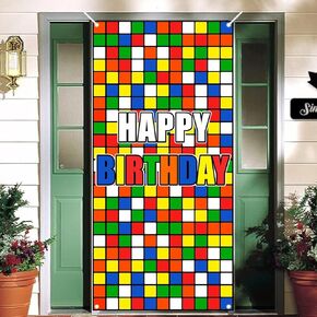 Colorful Cube Birthday Party Backdrop Banner Puzzle Game Themed Door Cover Colorful Plaid Block Backdrop for Boys Girls Birthday Party Photo Photography Prop Booth Background 35.4x72.8in-BECKTEN