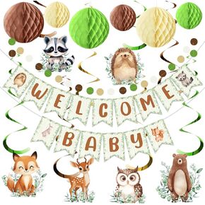 Welcome Baby Banner for Woodland Baby Shower Decorations Woodland Animal Welcome Baby Banner Baby Shower Hanging Swirl Streamers Paper Honeycomb Balls for Neutral Gender Reveal Party Supplies