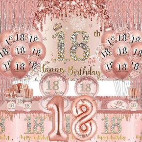 152Pcs Rose Gold 18th Birthday Decorations 18th Birthday Decorations Party Supplies with Rose Gold Happy 18th Birthday Banner, Balloons, Tablecloth, Plates Napkins Tableware for 18th Birthday Decor