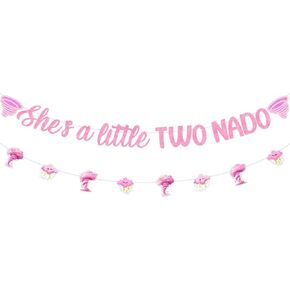 Sursurprise Two Nado Birthday Party Decorations for Girls, She’s a Little Two Nado Banner Pink Tornado Sign, Tornado 2 Year Old Birthday Decor Supplies