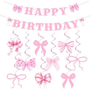 Coquette Pink Bow Happy Birthday Banner Set 1 Pcs Happy Birthday Banner and 9 Pcs Bow Hanging Swirls