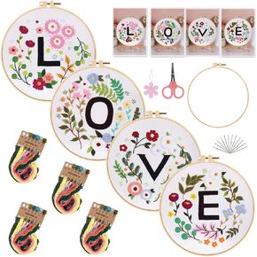 WNDDLE 4 Pack Pack Pack Terbroidery Kit للمبتدئين مع أنماط التطريز المختومة ، ومجموعات التطريز المبتدئين للبالغين DIY Starter Kit ، مع Hoop ، وخيوط الألوان ، والأدوات ، والتعليمات السهلة (الحب