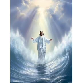 JXAVAXDE 5D Jesus in Ocean Diamond Painting Kits, Full Round Diamond Art Kits for Adults Diamond Dots Paint by Numbers Kits 12x16 inch