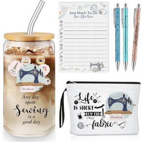 Kacctyen 6 Pcs Sewing Gifts for Women Mother's Day Gifts for Quilters Canvas Makeup Bag 16.9 oz Glass Cup with 100 Sheets Sewing To Do List Notepad and 3 Seamstress Lover Ballpoints Pen