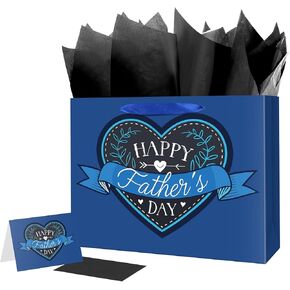 Lyforpyton Blue Large Father's Day Gift Bag, with Tissue Paper and Cards, 15.7"，Suitable for Fathers, Grandfathers, Stepfathers, Father's Day