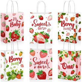 Reallnaive 18 Pcs Berry Sweet One First Birthday Party Favors Bags Strawberry 1st Birthday Goodie Candy Treat Gift Bags with Handles for Sweet One Theme Baby Shower Party Decorations Supplies Favor