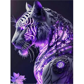 Diamond Art Kits for Adults, 5d DIY Full Drill Purple Pattern White Tiger Diamond Painting Kits for Adults Beginners, Diamond Painting Art Craft Kits for Adults, Wall Home Decor(No Frame) 12x16 Inch