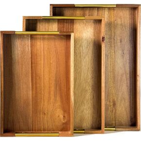 Set of 3 Decorative Serving Trays - Acacia Wood + Golden Steel Handles - Coffee Table or Ottoman Tray for Breakfast in Bed Jewelry, Decor Organization