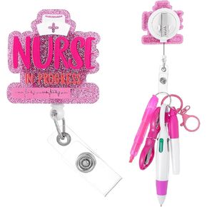 Nurse Pen Set Retractable Bling Acrylic Badge Reel Holder Mini Nursing Ball Pen Nursing ID Card Alligator Clip Marker Highlighter Light Foldable Scissors for RN Dentistry Docter