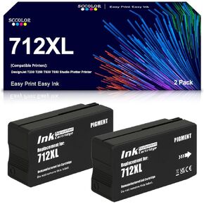 712 Black Ink Cartridge Remanufactured 2PK 80-ML 712XL Black Ink Cartridge Replacement for DesignJet T230 T250 T630 T650 Studio Plotter Printers.3ED71A