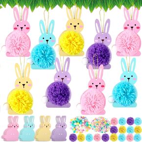 Geelin 24 Set Easter Bunny Crafts غير مكتملة من الخشب مع بوم بوم معلق زخرفة أرنب لنشاط عيد الفصح الربيعي DIY Decor Decor