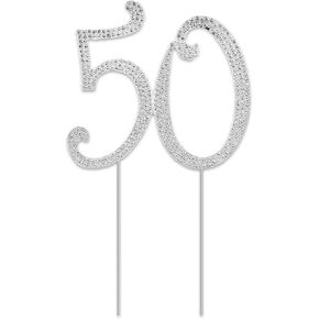 50 كيك توبر ، الفضة ، عدد واحد ، غير صالحة للتنفيذ ، أحجار الراين الكريستالية ، عيد ميلاد وذكرى ، سنوية ، معدنية