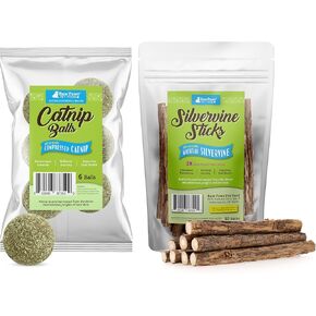 حزمة كرات Catnip Paws Raw Catnip - كرات Catnip للقطط ، 6 (حزمة) وعصي Silvervine للقطط ، 30 (حزمة) - NAP NIP DRIED NIP - Silvervine Cat for Indoor C