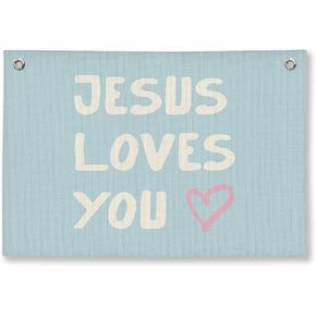 Bible Verse Wall Decor, Christian Nursery Room Decor Kids, Jesus Room Decor, Jesus Love You Blue Christian Wall Hanging Linen Banner, 20x30 Inch in Kuwait