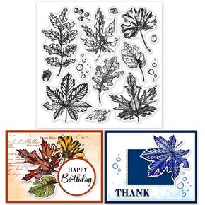 GLOBLELAND Autumn Leaves Clear Stamps 5.91x5.91 inch Maple Leaves Ginkgo Biloba Leaves Silicone Clear Stamp Seals Water Droplets Acorns Transparent Stamps for DIY Scrapbooking Cards Making Journal