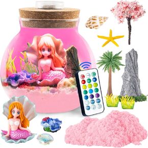 Hollyhi Terrarium Kit for Kids, Light Up Night Light Toys for 3 4 5 6 7 8 9 10 11 12 Year Old Boys Girls, DIY Mermaid Arts and Crafts for Kids Birthday Gifts (Mermaid with Pink Magic Sand)
