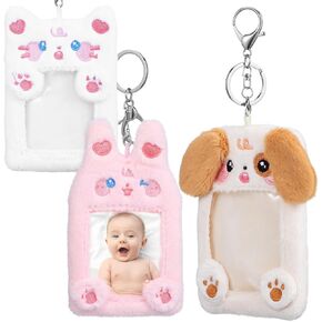 3pcs حامل بطاقة Photocard Plush مع سلسلة مفاتيح حامل شارة لطيف Cat Dog Bunny في الهواء الطلق.