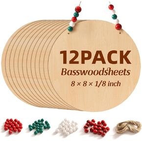 12pack 12 بوصة دائر خشبية للحرف اليدوية ، صفائح خشبية غير مكتملة مع حاملات ، خشب رقائقي الدائري للطلاء ، فراغات شماعات الأبواب ، ديكور المنزل وحرف الخشب DIY