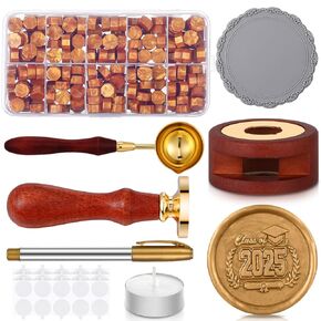 Weysat 11 PCS التخرج شمع ملصقات SEAL SET CLASS من 2025 غلاف الذهب الأختام Cap دبلوم الأختام شموع النحاس ملعقة ملعقة خشبية لوحة سيليكون 40 PCS ملصق لدعوة التخرج بطاقات دعوات التخرج
