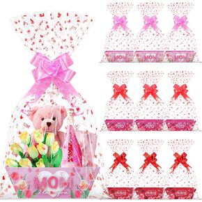 12 Sets Mother’s Day Gift Basket Empty with Transparent Cellophane,Red Cardboard Mother Gift Basket Bulk with Pull Bows Ribbons to Fill Spring Tea Party Wedding Anniversary Mothers Day Wrapping Gifts