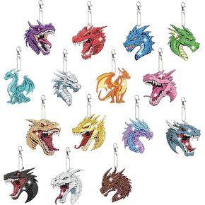 Beinkmake 15pcs Dragon Diamond Art Painting keychains kit kiins diamond art rolements double side side 5d diamond key rings diy keychains للمبتدئين البالغين الحرفيين المصنوعين يدويًا