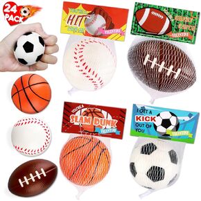 24Pack Stress Balls with Cards for Kids School Exchange Mini Sports Balls Fidget Toys Bulk Party Favors Boys Goodie Bags Stuffers