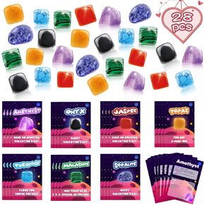Valentine‘s Gifts for Kids, 28 Pack Valentines Cards with Rocks Bulk, Crystal Gems Minerals Rocks Collection Kit, Exchange Card for Girls Boys School Classroom Party Favors