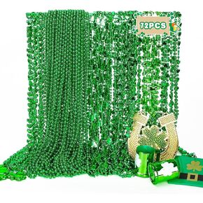 72PCS St Patricks Day Necklace, Metallic 8 Kinds of St. Patricks Beads, Irish Shamrock Beer Mug Coins Pendants Accessories Set, Adult St. Patricks Necklace for Parade Party Supplies Favors