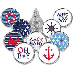 Ahoy It's a Boy Baby Shower Favor Stickers, Nautical Chocolate Kisses Party Favor Candy Stickers - 180 Labels