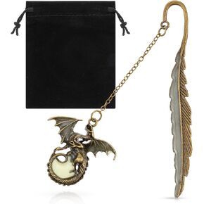 Luminous Bookmark Glow in The Dark Feather Embossed Book Mark Antique Dragon Carved Hook Page Markers Pendant Reading Accessories Gift for Bookworm Readers