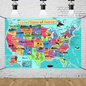 CSFOTO Polyester 6x3.6ft United State Map Banner US Landmark Education Background Banner Classroom Kindergarten Hanging Poster Children's Room School Bedroom Wall Decoration Wallpaper, BN-Poster0008