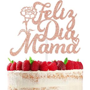Feliz dia Mama Cake Topper,Best Mom Ever/Super Mom, Flower Theme Happy Mother's DayParty Decoration Supplies, Rose Gold Glitter