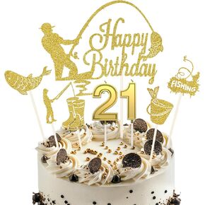 عيد ميلاد 13 شموع للكعكة ، والذهب غاية كعكة الصيد أعلى ، وعيد ميلاد سعيد 13th كب كيك القبعات ، وزينة كعكة الصيد ، وصيد الأسماك لحفلات الحفلات للأولاد 13 سنة
