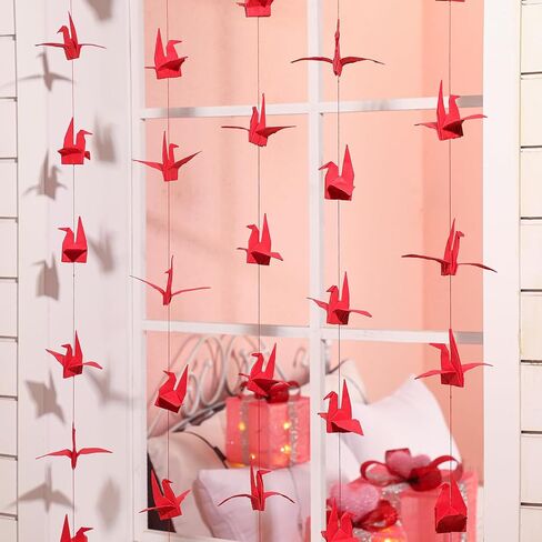 10 Pcs Paper Crane Hanging Garlands Premade Origami Cranes on String Kit Folded Bird Streamers for Japanese Asian Party Decorations Home Family Bridal Shower Supplies(Red) in Saudi Arabia