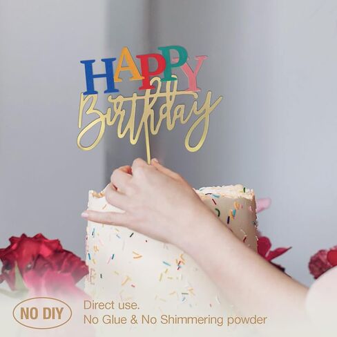 أكريليك الذهب كعكة عيد ميلاد سعيد أعلى ، 7.5 "× 6" ديكور كعكة عيد ميلاد قوس قزح (الذهب) in Kuwait