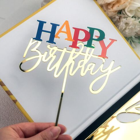أكريليك الذهب كعكة عيد ميلاد سعيد أعلى ، 7.5 "× 6" ديكور كعكة عيد ميلاد قوس قزح (الذهب) in Kuwait