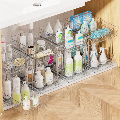 Vtopmart 2 Tier Bathroom Storage Organizer, 2 Pack Clear Under Sink Organizers Vanity Counter Container, Cabinet Drawers Bins, Pull-Out Organization with Track for Pantry, Kitchen in Kuwait