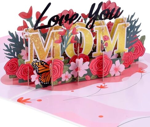 Love You Mom Pop Up Card, Flower, Heart Shaped Symbol, Gift For Birthday, Mothers Day, Anniversary, Valentines Day, Mom, Godmother, Mother in Law, 5x7 - Includes Envelope And Message Note（Golden） in Kuwait