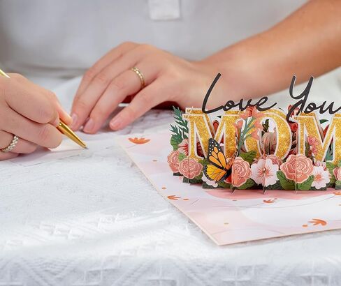 Love You Mom Pop Up Card, Flower, Heart Shaped Symbol, Gift For Birthday, Mothers Day, Anniversary, Valentines Day, Mom, Godmother, Mother in Law, 5x7 - Includes Envelope And Message Note（Golden） in Kuwait