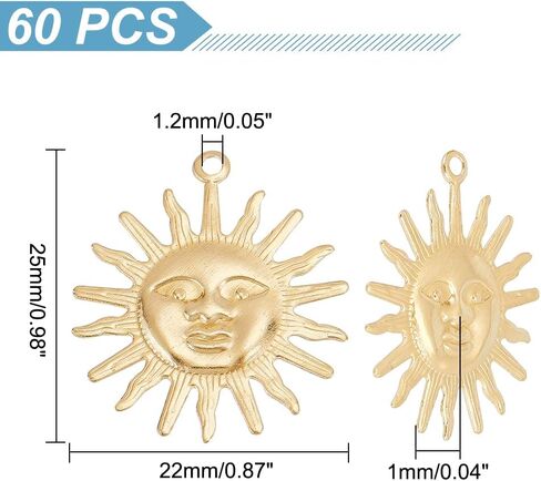 Dicosmetic 60pcs قلادة شمسية ذهبية القمرات الشمسية في Filgree Sun Pendant Sun with Human Face Charm Prass Brass Charm Charm Sharms Supplies for Necklace DIY Making Supplies ، Hole: 1.2mm: in Kuwait