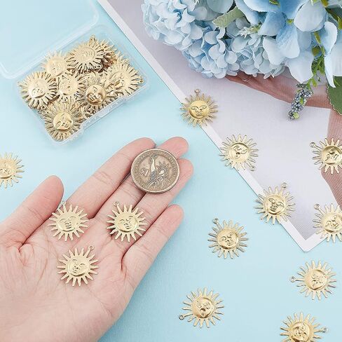 Dicosmetic 60pcs قلادة شمسية ذهبية القمرات الشمسية في Filgree Sun Pendant Sun with Human Face Charm Prass Brass Charm Charm Sharms Supplies for Necklace DIY Making Supplies ، Hole: 1.2mm: in Kuwait