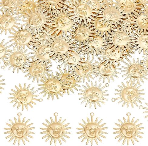 Dicosmetic 60pcs قلادة شمسية ذهبية القمرات الشمسية في Filgree Sun Pendant Sun with Human Face Charm Prass Brass Charm Charm Sharms Supplies for Necklace DIY Making Supplies ، Hole: 1.2mm: in Kuwait