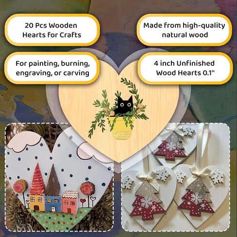 20 Pcs Wooden Hearts for Crafts 4 inch Unfinished Wood Hearts 0.1'' Thickness Heart Shaped Wood Sheets Unfinished Wood Ornaments for Wedding DIY Crafts Painting Burning Engraving Carving Coasters in Saudi Arabia
