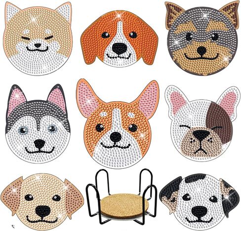 FJEOLEN 8 Pcs Dog Shaped Diamond Painting Coasters, DIY Dog Diamond Art Coasters with Holder, Pet Painting Kits, Art Craft Supplies for Beginners Adults in Kuwait