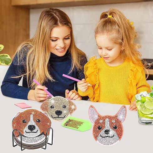 FJEOLEN 8 Pcs Dog Shaped Diamond Painting Coasters, DIY Dog Diamond Art Coasters with Holder, Pet Painting Kits, Art Craft Supplies for Beginners Adults in Kuwait
